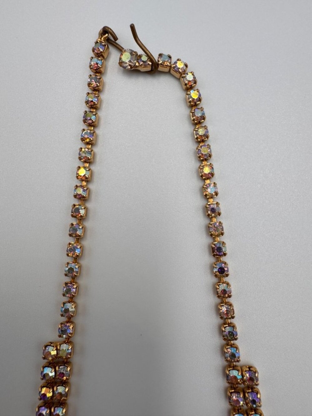 Vintage AB Aurora Borealis Rhinestone Necklace Double Row 1950s 14” - Picture 5 of 10